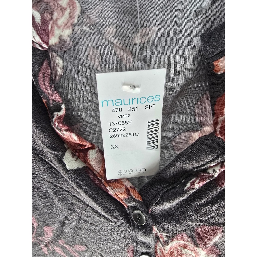 Maurices Womens 3X Gray Floral Henley Long‎ Sleeve Top Pleated Shoulder NWT - Picture 2 of 14